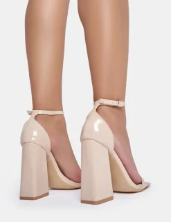 Flash Sale Geri Nude Patent Barely There Square Toe Block Heels Barely There Heels | Square Toe Heels