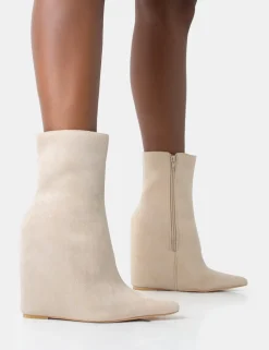 Best Sale Getaway Beige Faux Suede Wedged Heeled Ankle Boot Wedges | Heeled Boots