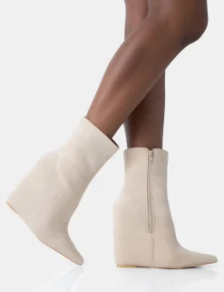 Best Sale Getaway Beige Faux Suede Wedged Heeled Ankle Boot Wedges | Heeled Boots