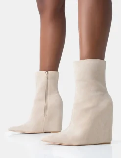 Best Sale Getaway Beige Faux Suede Wedged Heeled Ankle Boot Wedges | Heeled Boots