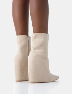 Best Sale Getaway Beige Faux Suede Wedged Heeled Ankle Boot Wedges | Heeled Boots