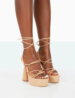Clearance Giana Nude Pu Strappy Lace Up Block Heels Strappy Heels | Platform Heels