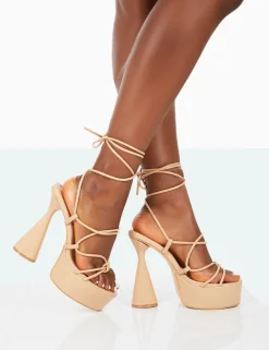 Clearance Giana Nude Pu Strappy Lace Up Block Heels Strappy Heels | Platform Heels