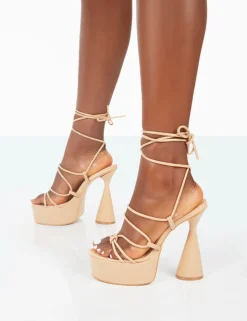 Clearance Giana Nude Pu Strappy Lace Up Block Heels Strappy Heels | Platform Heels
