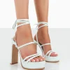 New Gimme Gimme Baby Iridescent PU Strappy Lace Up Block Heels 5" Heels | Lace Up Heels