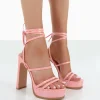 Online Gimme Gimme Baby Iridescent PU Strappy Lace Up Block Heels 5" Heels | Pink Heels