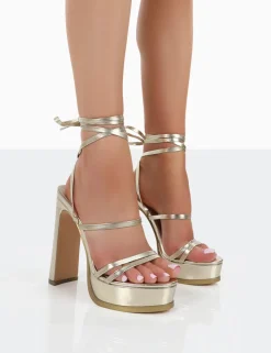 Best Gimme Gimme PU Strappy Lace Up Block Heels 5" Heels | Gold Heels