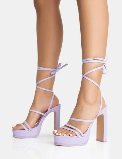 Sale Gimme Gimme Lilac PU Strappy Lace Up Block Heels 5