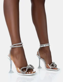 Fashion Glimmer Patent Perspex Wrap Around Diamante Bow Square Toe Heels Back In Stock | 4" Heels