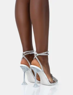 Fashion Glimmer Patent Perspex Wrap Around Diamante Bow Square Toe Heels Back In Stock | 4