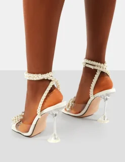 Best Sale Glimmer Wrap Around Pearl Detail Bow Square Toe Cake Stand Heels Back In Stock | 4" Heels