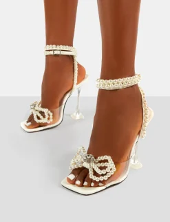 Best Sale Glimmer Wrap Around Pearl Detail Bow Square Toe Cake Stand Heels Back In Stock | 4