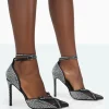 Cheap Glitch Black Diamante Mesh Pointed Toe Court Stiletto High Heel Court Heels | Diamante Heels
