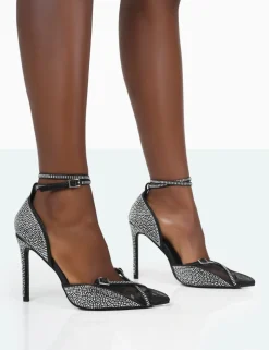 Cheap Glitch Black Diamante Mesh Pointed Toe Court Stiletto High Heel Court Heels | Diamante Heels