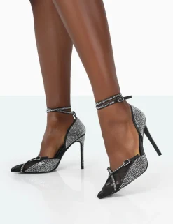 Cheap Glitch Black Diamante Mesh Pointed Toe Court Stiletto High Heel Court Heels | Diamante Heels