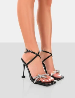 Sale Glitter Wrap Around Diamante Bow Square Toe Heels 5" Heels | Diamante Heels