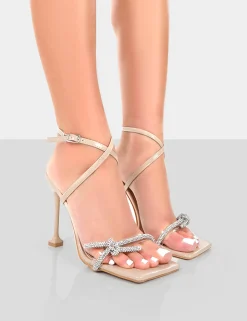 Best Glitter Wrap Around Diamante Bow Square Toe Heels 5" Heels | Bow Heels