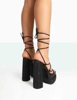 Store Glow Girl Black Sparkly Diamante Lace Up Platform Block High Heels Diamante Heels | Lace Up Heels