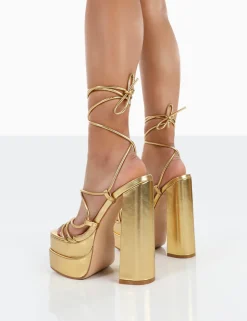 Best Sale Glow Girl PU Lace Up Platform High Heels 6" Heels | Gold Heels