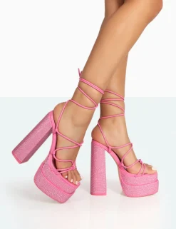 Outlet Glow Girl Diamante PU Lace Up Platform High Heels Pink Heels | Lace Up Heels