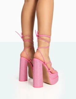 Outlet Glow Girl Diamante PU Lace Up Platform High Heels Pink Heels | Lace Up Heels