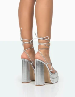 Online Glow Girl Metallic PU Lace Up Platform High Heels 6
