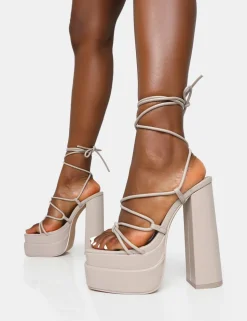 Clearance Glow Girl Stone Pu Lace Up Platform High Heels Lace Up Heels | Block Heels