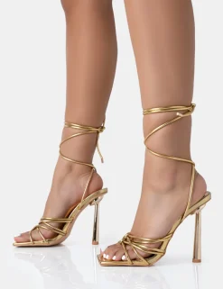 Discount Glow Up PU Knotted Strappy Lace Up Square Toe Stiletto Heels Back In Stock | Gold Heels