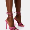 Cheap Glow Up PU Knotted Strappy Lace Up Square Toe Stiletto Heels Pink Heels | Square Toe Heels