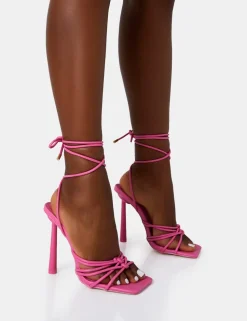 Cheap Glow Up PU Knotted Strappy Lace Up Square Toe Stiletto Heels Pink Heels | Square Toe Heels