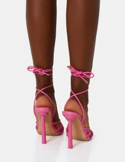 Cheap Glow Up PU Knotted Strappy Lace Up Square Toe Stiletto Heels Pink Heels | Square Toe Heels