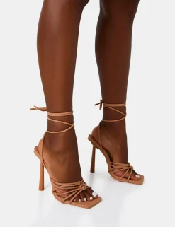 Shop Glow Up Wide Fit Nude PU Knotted Strappy Lace Up Square Stiletto Heels Wide Fit Heels | Wide Fit Heels