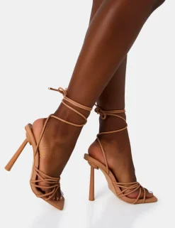 Shop Glow Up Wide Fit Nude PU Knotted Strappy Lace Up Square Stiletto Heels Wide Fit Heels | Wide Fit Heels