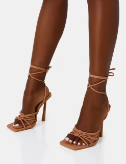 Shop Glow Up Wide Fit Nude PU Knotted Strappy Lace Up Square Stiletto Heels Wide Fit Heels | Wide Fit Heels