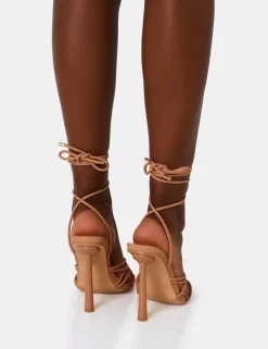 Shop Glow Up Wide Fit Nude PU Knotted Strappy Lace Up Square Stiletto Heels Wide Fit Heels | Wide Fit Heels