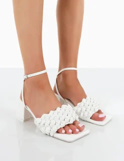 Clearance Got This Pu Woven Square Toe Block Mid Heeled Mule Sandals 3" Heels | Square Toe Heels