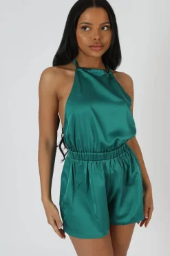 Outlet Halterneck Satin Playsuit Emerald Sculpt & Leisure | Kaiia The Label