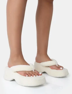 New Havana Ecru Towelling Flip Flop Chunky Platform Sandals Platform Heels