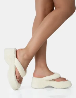 New Havana Ecru Towelling Flip Flop Chunky Platform Sandals Platform Heels