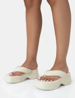 New Havana Ecru Towelling Flip Flop Chunky Platform Sandals Platform Heels