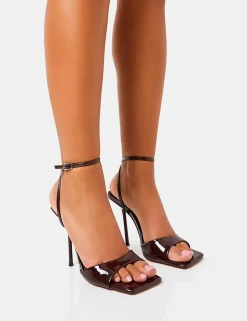 New Havaska Chocolate Patent Wrap Around Barley There High Heels Barely There Heels | Square Toe Heels
