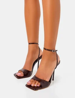 New Havaska Chocolate Patent Wrap Around Barley There High Heels Barely There Heels | Square Toe Heels