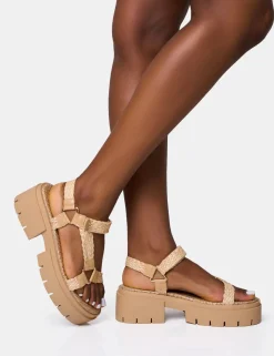 Hot Hazard Natural Raffia Chunky Dad Sandals Flats