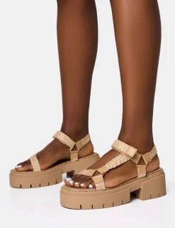 Hot Hazard Natural Raffia Chunky Dad Sandals Flats