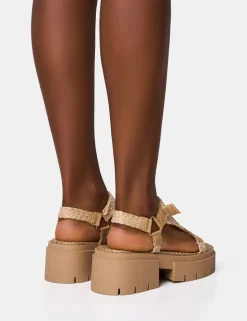 Hot Hazard Natural Raffia Chunky Dad Sandals Flats