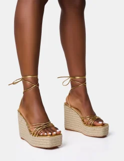 New Heated Strappy Lace Up Jute Wedges Back In Stock | Gold Heels