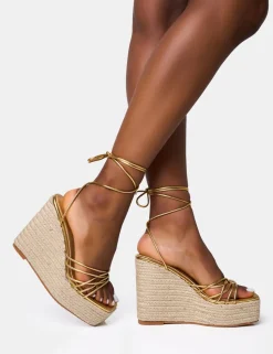 New Heated Strappy Lace Up Jute Wedges Back In Stock | Gold Heels