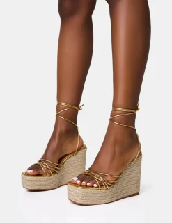 New Heated Strappy Lace Up Jute Wedges Back In Stock | Gold Heels