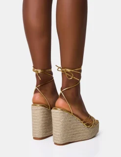 New Heated Strappy Lace Up Jute Wedges Back In Stock | Gold Heels