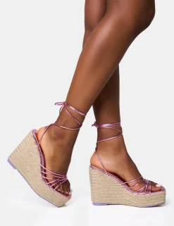 Hot Heated Wide Fit Strappy Lace Up Jute Wedges Wide Fit Heels | Wide Fit Heels